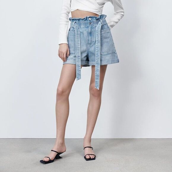 ZARA WOMAN PAPERBAG WAIST DENIM SHORTS 8228/056 - Picture 3 of 7